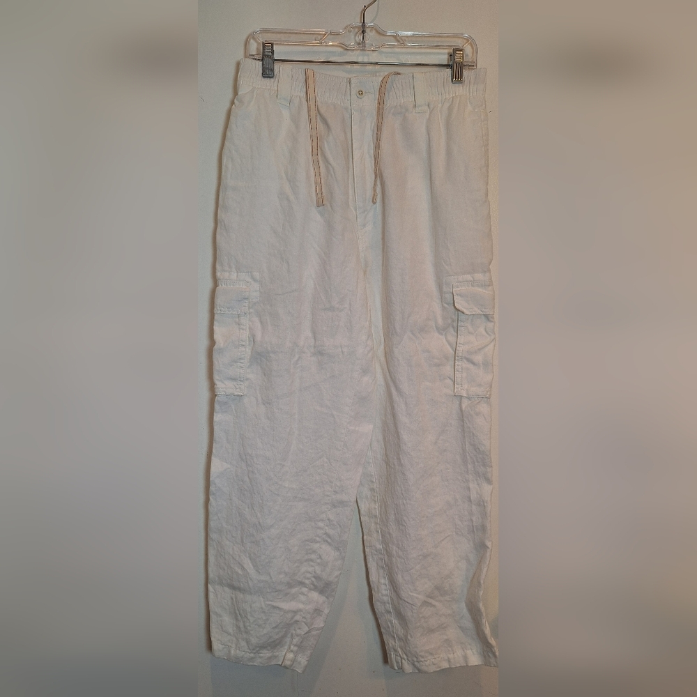 Caribbean‎ Mens Cargo Linen Pants Beachy White 32x27(tag 32x30) Baggy w/ Pockets